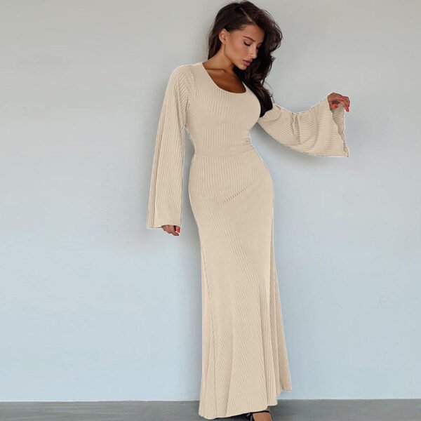 Fashion U-neck Dress Back Lace-up Long Bell Sleeve Dresses Women - Image 7