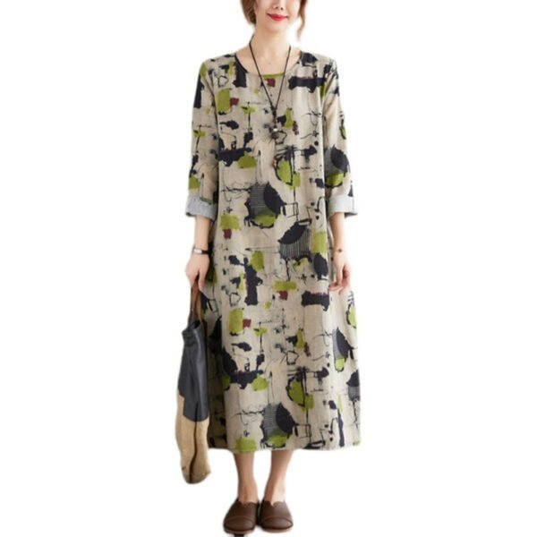 Cotton Linen Vintage Floral Print Dresses For Women - Image 5