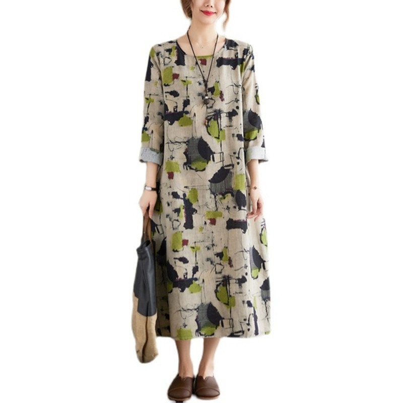 Cotton Linen Vintage Floral Print Dresses For Women - Image 5