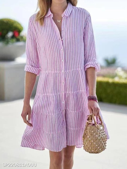 Striped Long-sleeved Shirt Dress Fashion Lapel Button Dresses For Women - Image 7