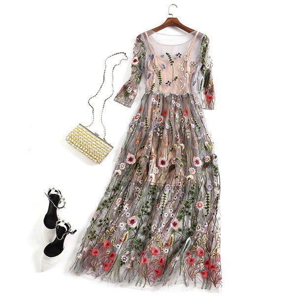 Party Flower Floral Dress Women Dresses 2 Pieces Boho Mesh - Image 4