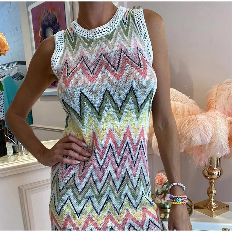 Rainbow Knit Dress Women Mini Dresses Patchwork Casual - Image 5
