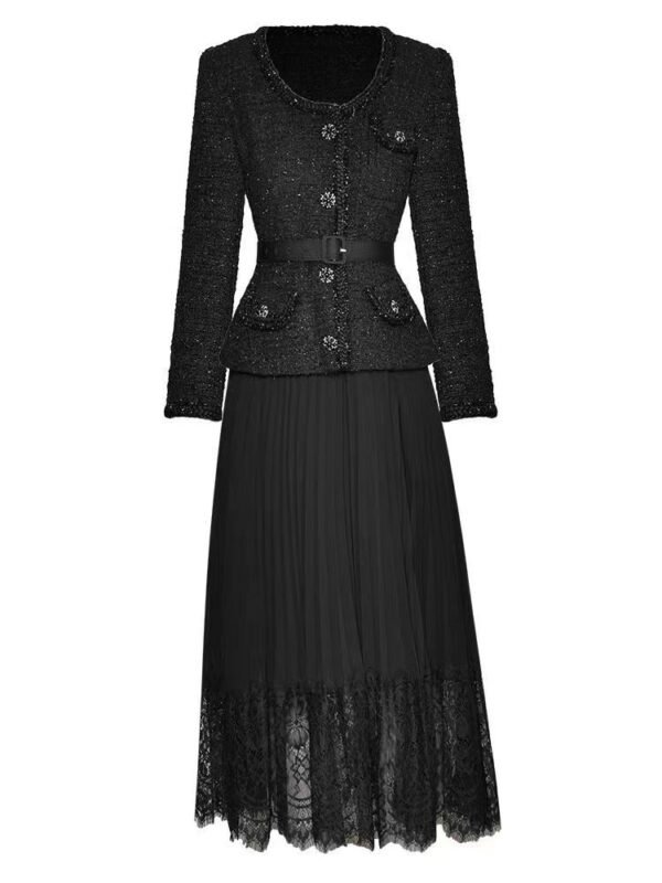 V-neck Long Sleeve Lace-up Cinched Patchwork Two-piece Dresses Women - Image 5
