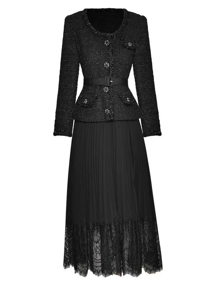 V-neck Long Sleeve Lace-up Cinched Patchwork Two-piece Dresses Women - Image 5