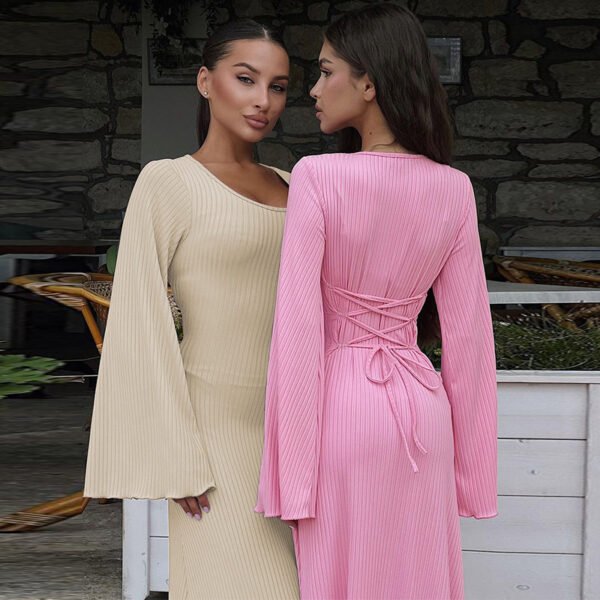 Fashion U-neck Dress Back Lace-up Long Bell Sleeve Dresses Women - Image 4