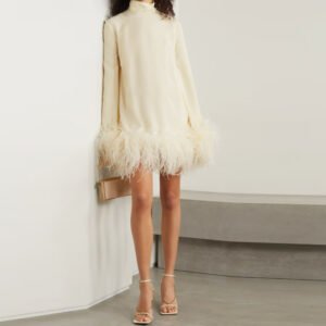 Turtleneck Long Sleeve Short Dress Ostrich Feather Black
