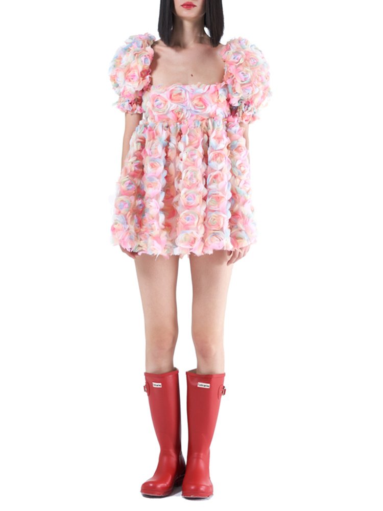Women's  Short Sleeve Stitching Flower Puffy Sleeve Dress - Image 3