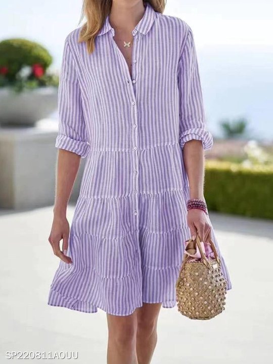 Striped Long-sleeved Shirt Dress Fashion Lapel Button Dresses For Women - Image 9