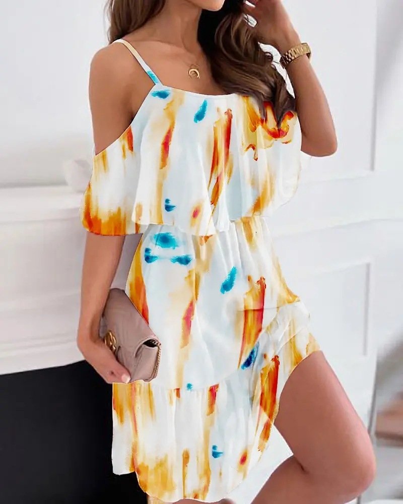 Flower Printed Ruffled Suspender Dress Summer Off-the-shoulder Strap Dresses Women - Image 6