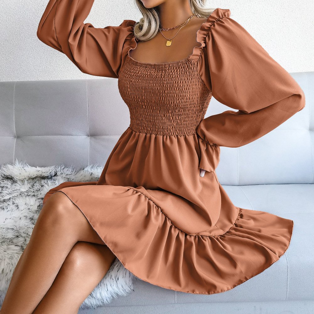 Flared Long Sleeve Dresses Women Square Neck Ruffled Swing Dress - Image 8