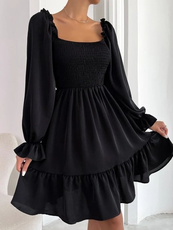 Flared Long Sleeve Dresses Women Square Neck Ruffled Swing Dress - Image 7