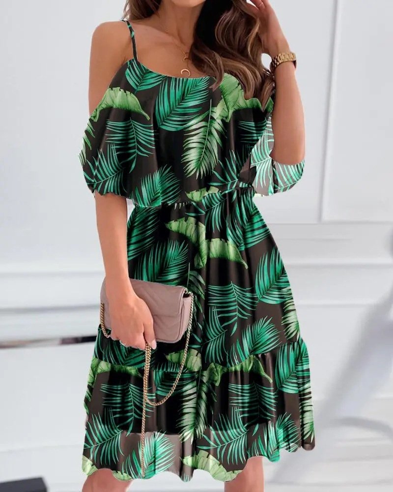 Flower Printed Ruffled Suspender Dress Summer Off-the-shoulder Strap Dresses Women - Image 8