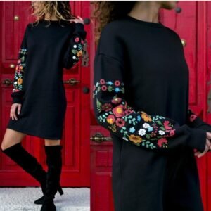 Women Autumn Winter Casual Long Sleeve Floral Embroidery Dress