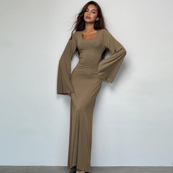Fashion U-neck Dress Back Lace-up Long Bell Sleeve Dresses Women - Image 3
