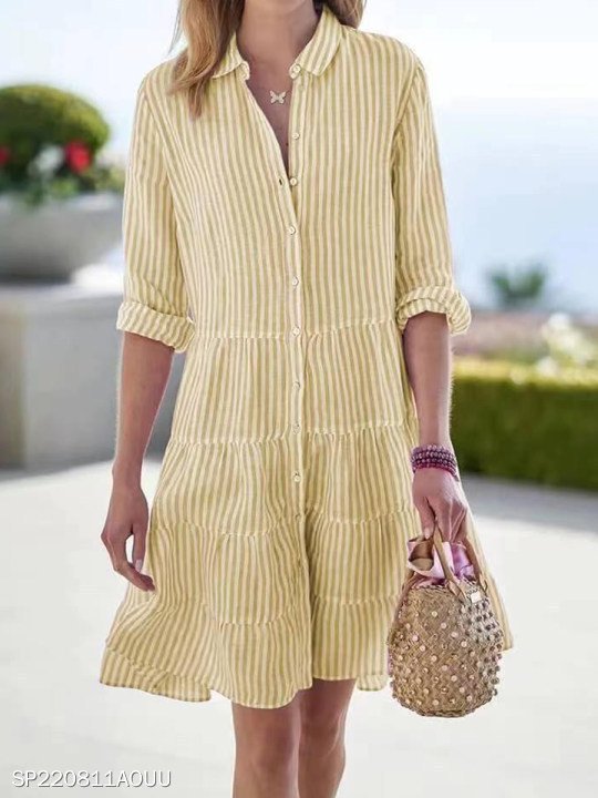 Striped Long-sleeved Shirt Dress Fashion Lapel Button Dresses For Women - Image 4