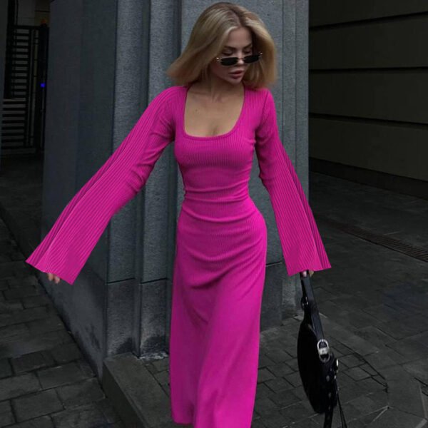 Fashion U-neck Dress Back Lace-up Long Bell Sleeve Dresses Women - Image 10