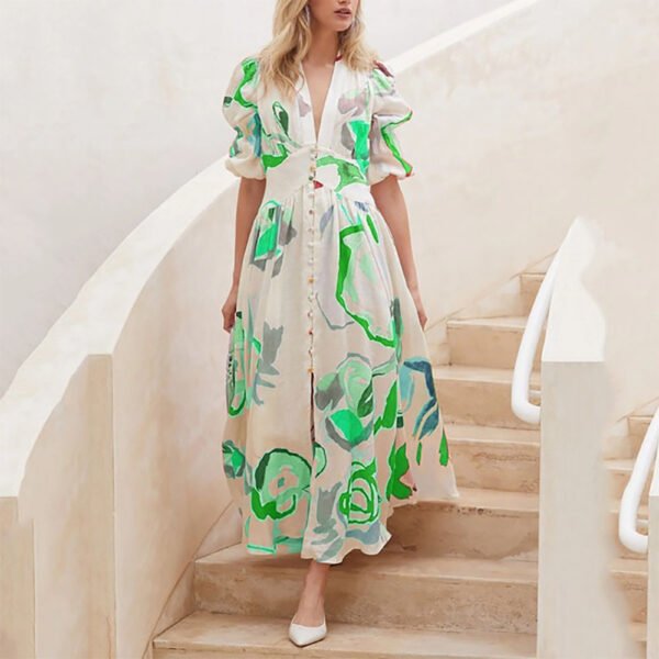 Print Dresses For Women Summer V-neck Button Short Sleeve Dress - Image 6