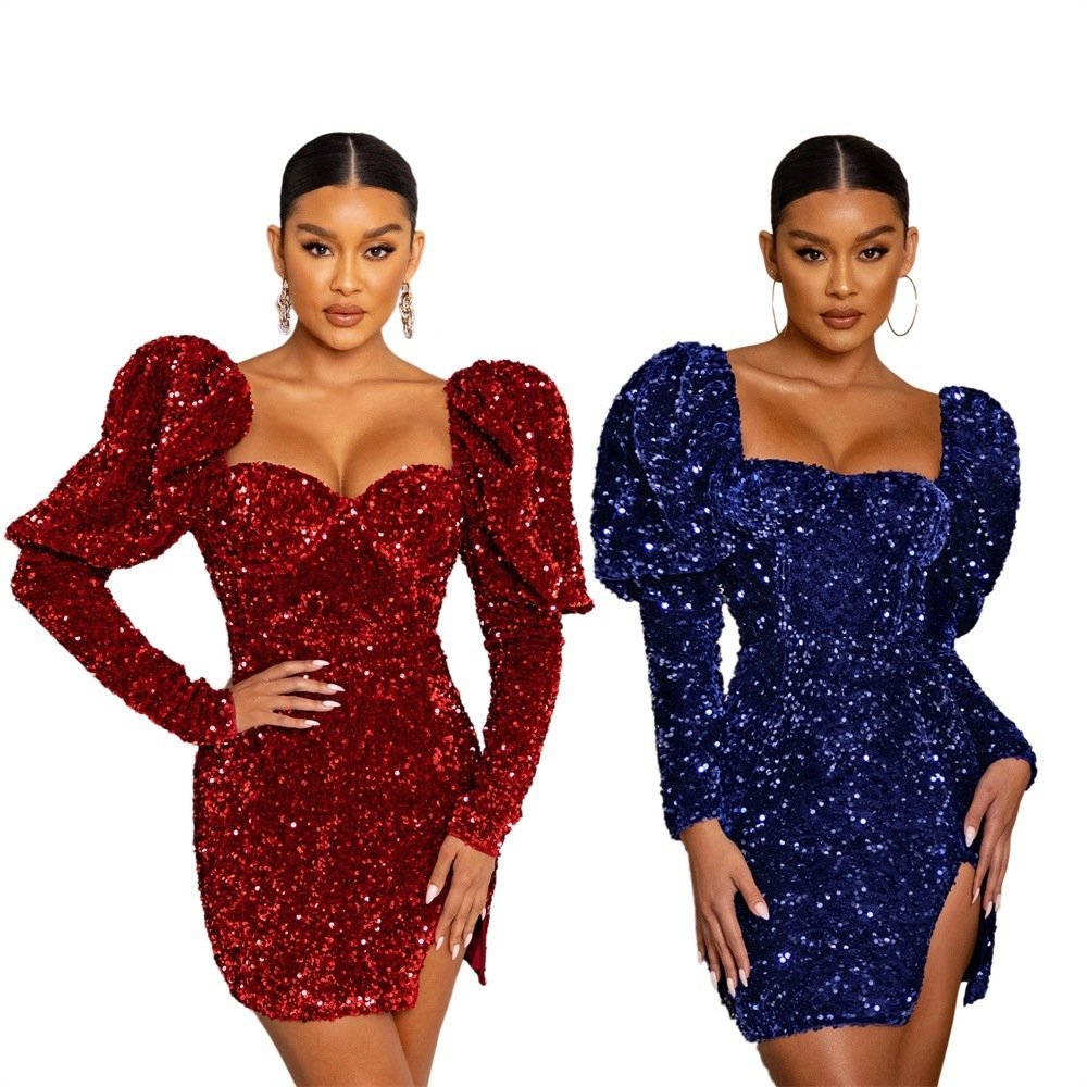 Sequin Backless Padded Shoulder Bubble Sleeve Party Dresses For Women - Image 2