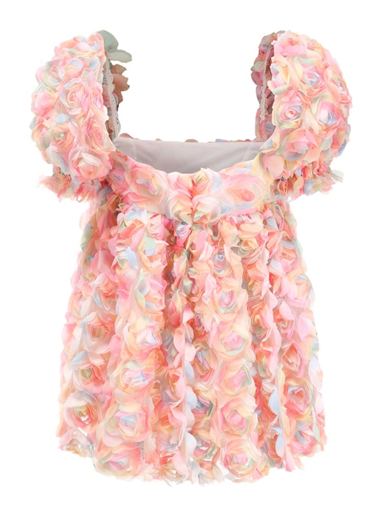 Women's  Short Sleeve Stitching Flower Puffy Sleeve Dress - Image 6
