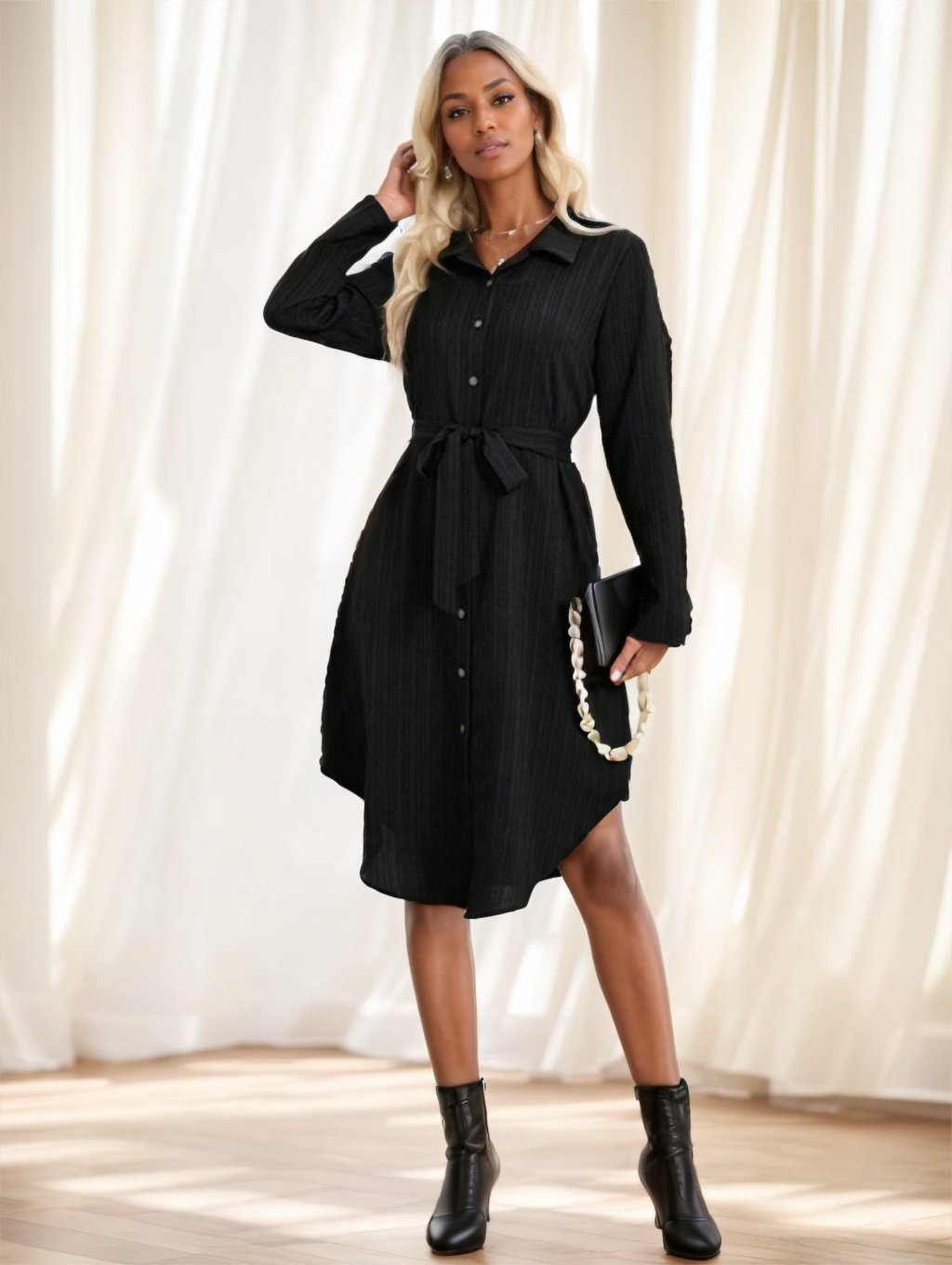 Women's Solid Color Long Sleeve Midi Dress Fall Women Dresses - Image 2