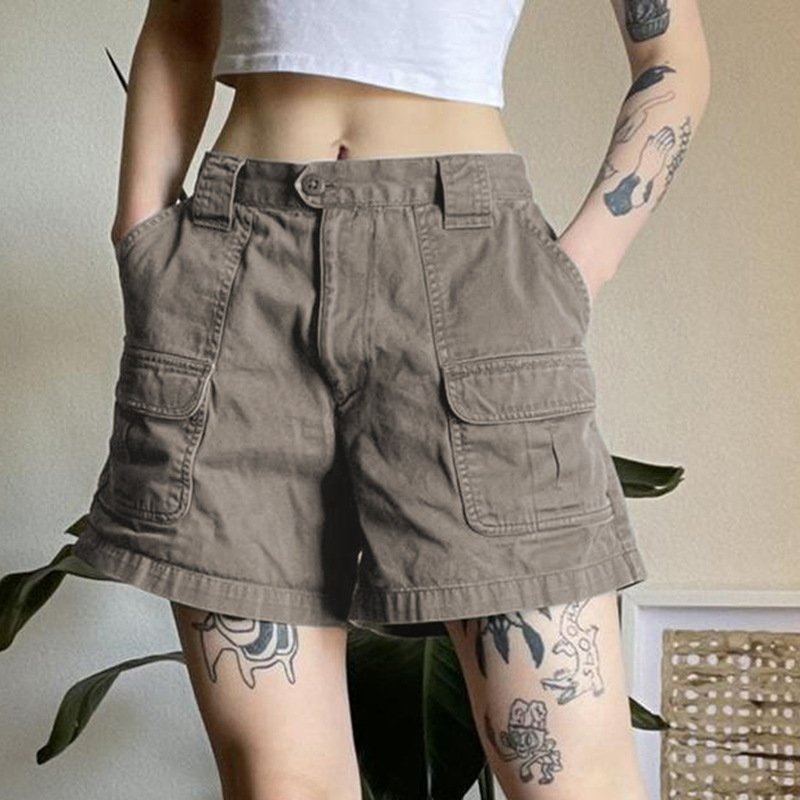 High-waisted Solid Color Multi-pocket Cargo Jean Shorts Female - Image 4