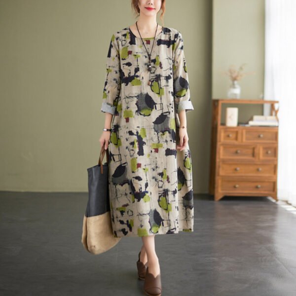 Cotton Linen Vintage Floral Print Dresses For Women - Image 4