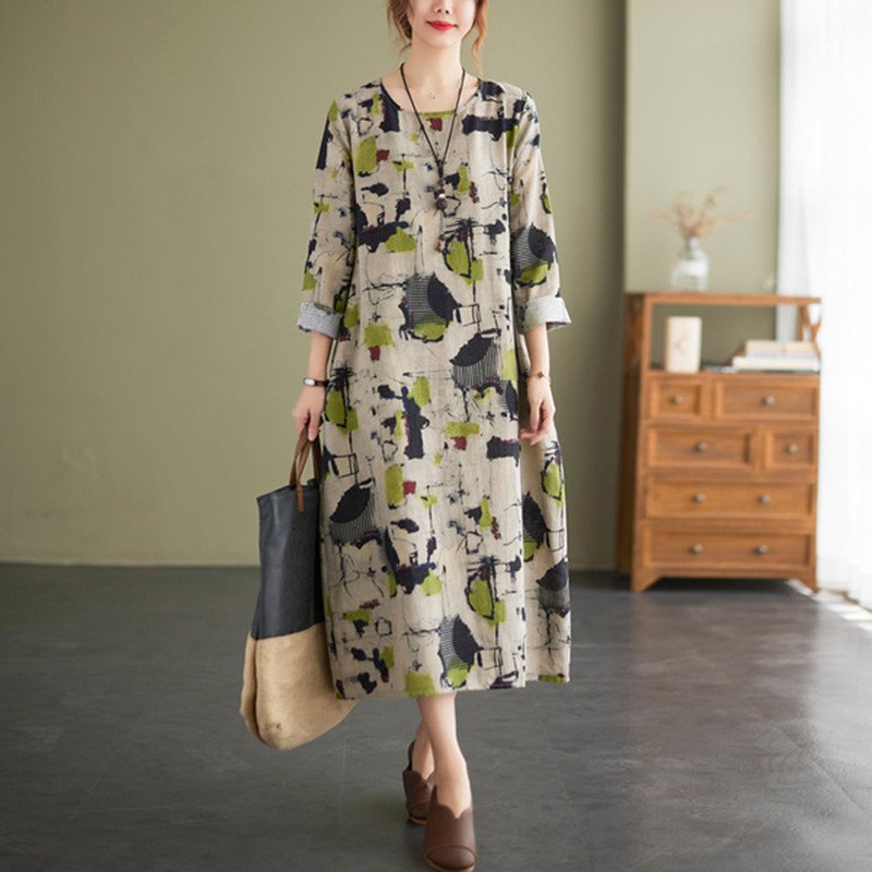 Cotton Linen Vintage Floral Print Dresses For Women - Image 4