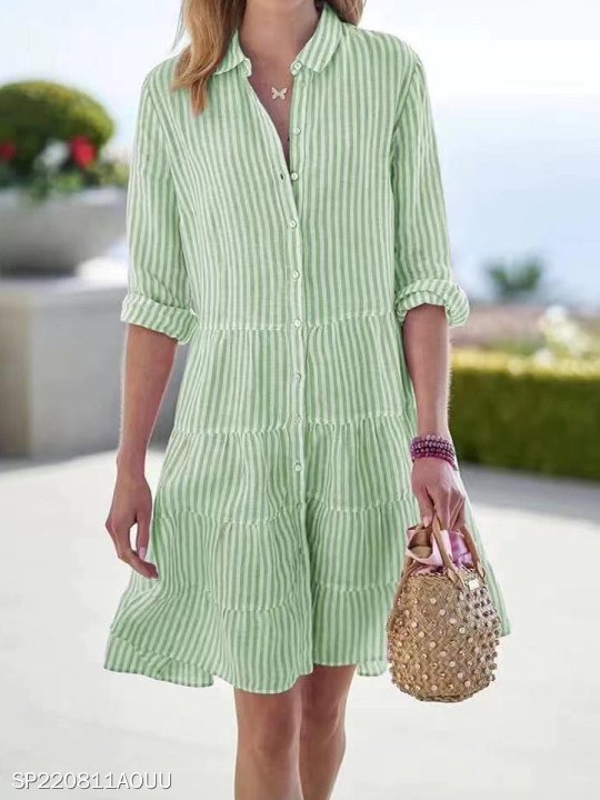 Striped Long-sleeved Shirt Dress Fashion Lapel Button Dresses For Women - Image 6