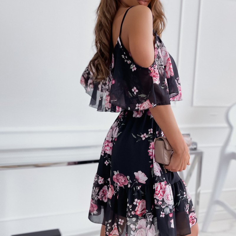 Flower Printed Ruffled Suspender Dress Summer Off-the-shoulder Strap Dresses Women - Image 10