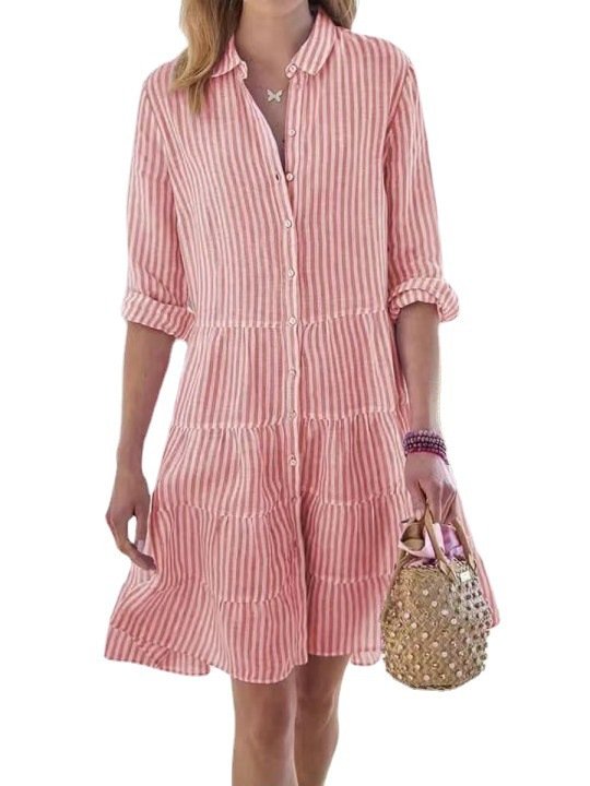 Striped Long-sleeved Shirt Dress Fashion Lapel Button Dresses For Women - Image 5