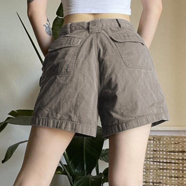 High-waisted Solid Color Multi-pocket Cargo Jean Shorts Female - Image 3