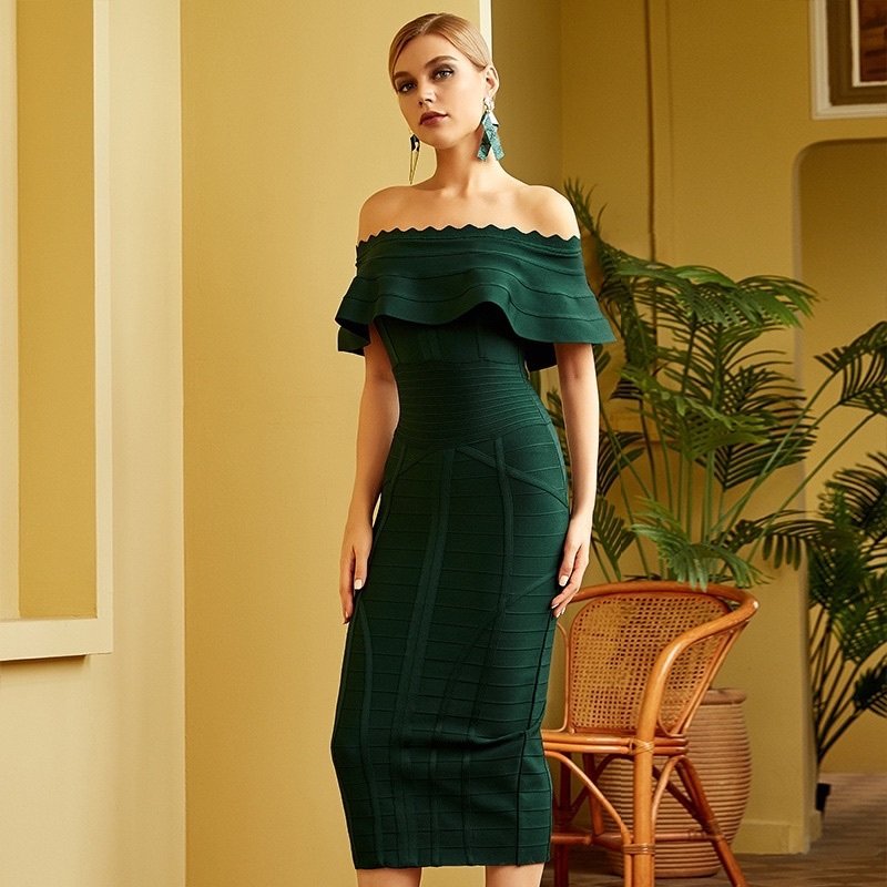 Women Green Off Shoulder Bandage Dress Party Dresses - Image 2