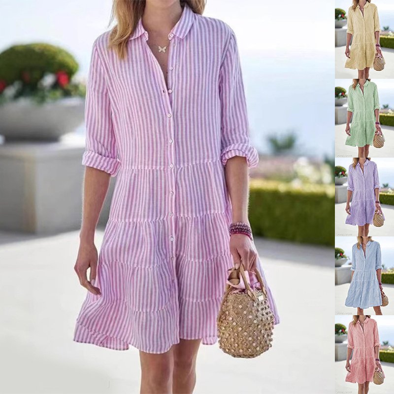 Striped Long-sleeved Shirt Dress Fashion Lapel Button Dresses For Women