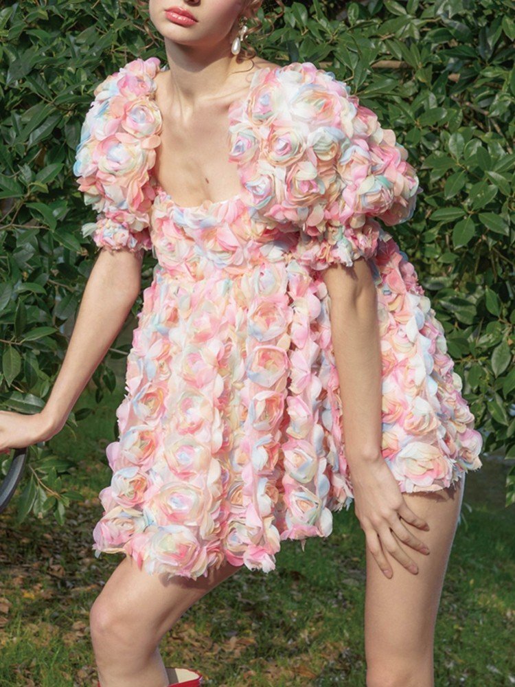 Women's  Short Sleeve Stitching Flower Puffy Sleeve Dress - Image 4