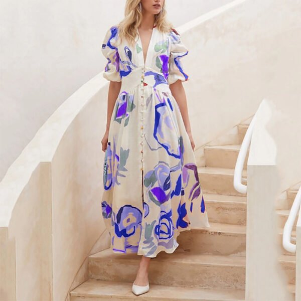 Print Dresses For Women Summer V-neck Button Short Sleeve Dress - Image 4
