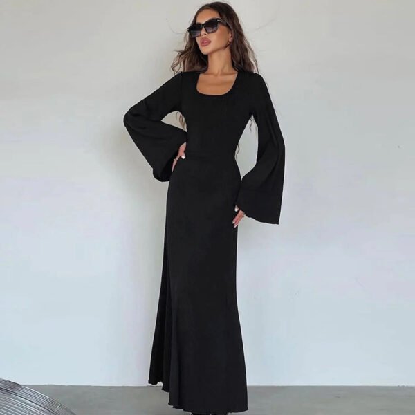 Fashion U-neck Dress Back Lace-up Long Bell Sleeve Dresses Women - Image 9