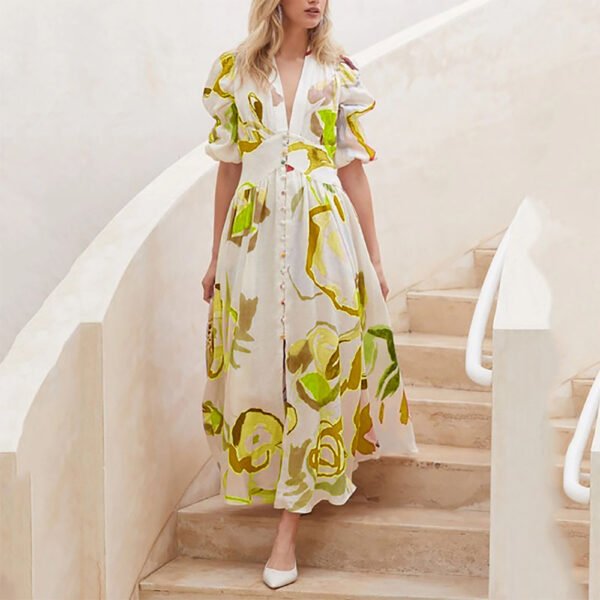 Print Dresses For Women Summer V-neck Button Short Sleeve Dress - Image 7