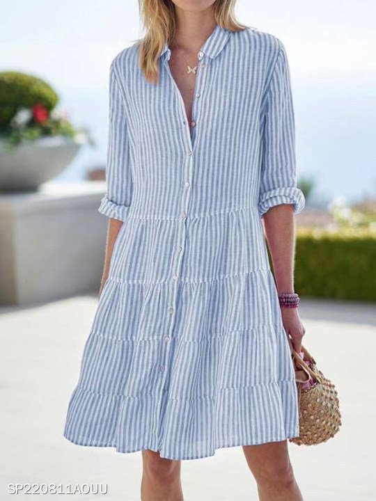 Striped Long-sleeved Shirt Dress Fashion Lapel Button Dresses For Women - Image 2
