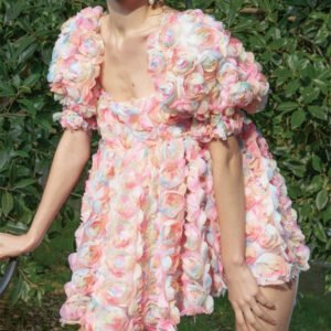 Women's  Short Sleeve Stitching Flower Puffy Sleeve Dress