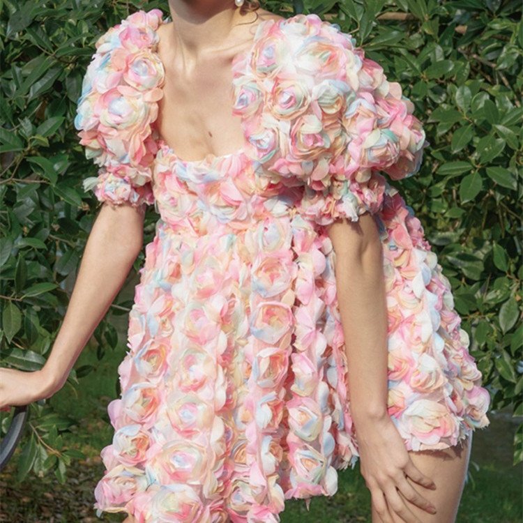 Women's  Short Sleeve Stitching Flower Puffy Sleeve Dress