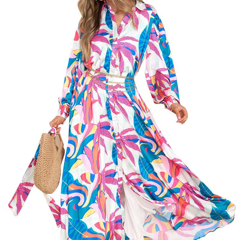 New Printed Dresses Long-sleeved Polo Collar Oversized Hem Dresses Women - Image 4