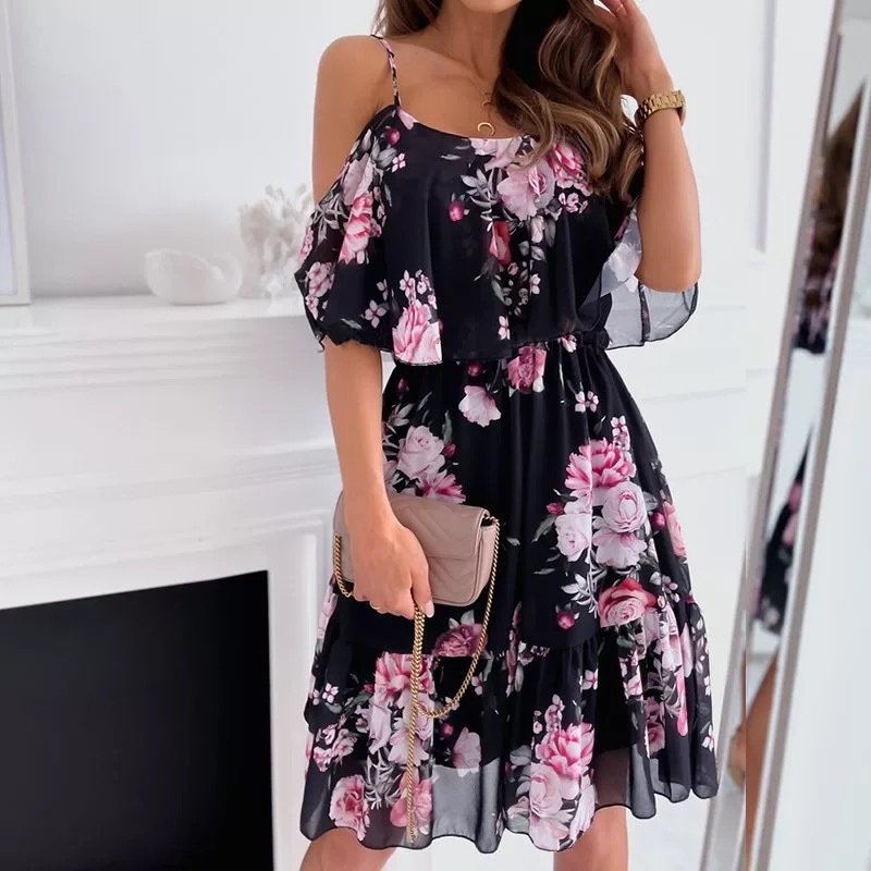 Flower Printed Ruffled Suspender Dress Summer Off-the-shoulder Strap Dresses Women - Image 7