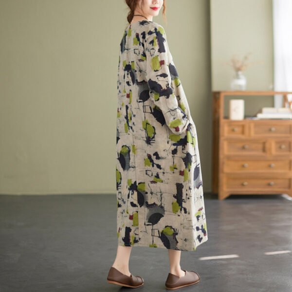 Cotton Linen Vintage Floral Print Dresses For Women - Image 3