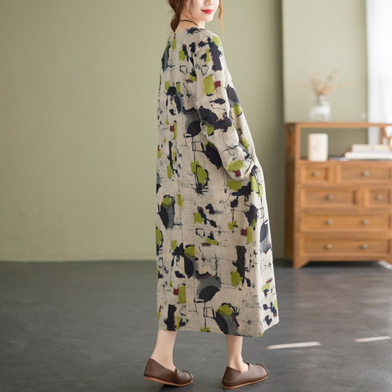 Cotton Linen Vintage Floral Print Dresses For Women - Image 3