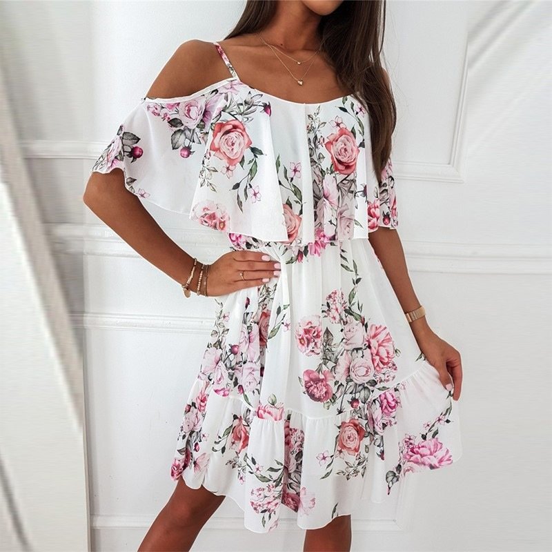 Flower Printed Ruffled Suspender Dress Summer Off-the-shoulder Strap Dresses Women - Image 5