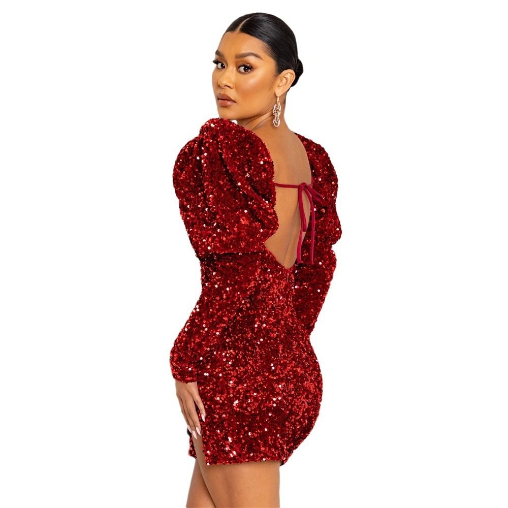 Sequin Backless Padded Shoulder Bubble Sleeve Party Dresses For Women - Image 3