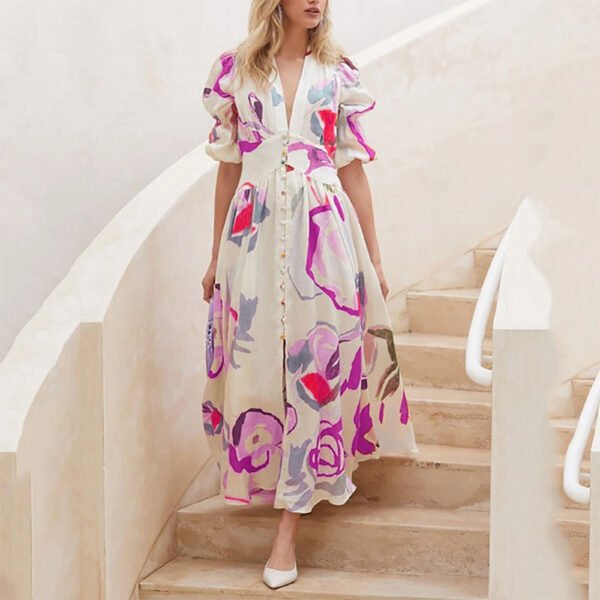 Print Dresses For Women Summer V-neck Button Short Sleeve Dress - Image 2