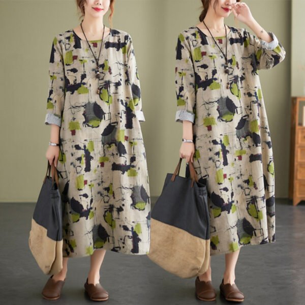 Cotton Linen Vintage Floral Print Dresses For Women - Image 2