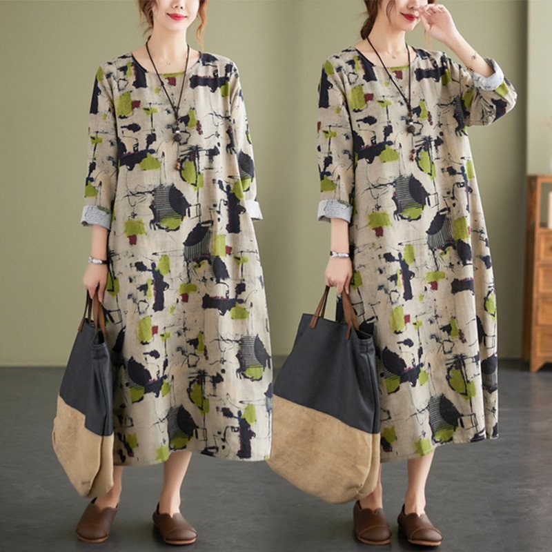 Cotton Linen Vintage Floral Print Dresses For Women - Image 2