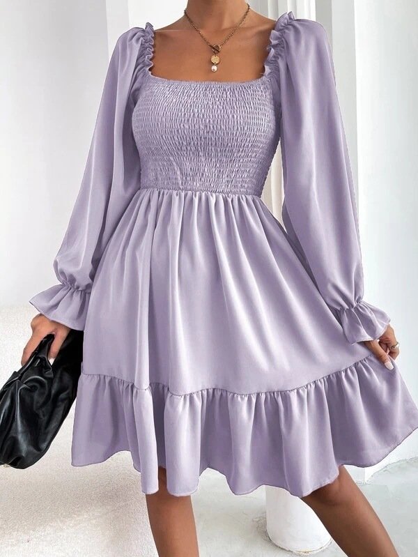 Flared Long Sleeve Dresses Women Square Neck Ruffled Swing Dress - Image 2